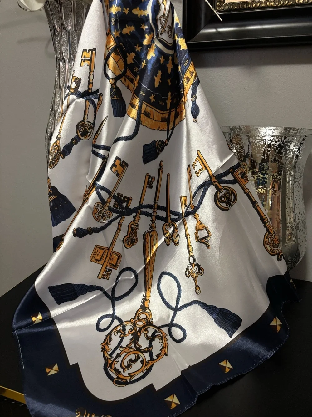 Decorative Silk-Feel Scarf with Navy and Gold Key Motif - Home Accent